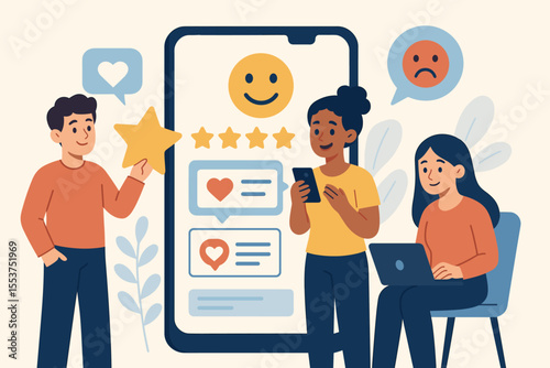 Customer Feedback and Online Ratings Concept. People Using Mobile App and Laptop to Give Reviews, Rate Services, Share Opinions. Five Star Satisfaction, Social Media Interaction, Vector Illustration