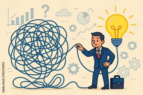 Businessman Solving Complex Problems Concept. Untangling Chaos to Find Solutions. Innovation, Brainstorm, Light Bulb Idea, Strategy, Success, Data Analysis, Vector Illustration for Business Challenges