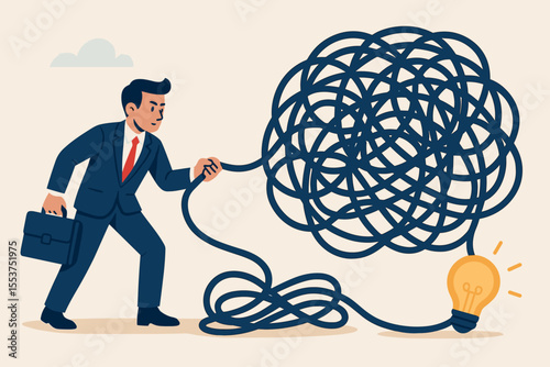 Businessman Solving Complex Problems, Untangling Messy Challenges, Finding Innovative Solutions, Light Bulb Idea Concept, Vector Illustration for Problem Solving, Strategy, Decision Making