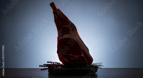 Raw Leg of Lamb Illuminated On Dark Background Culinary Presentation