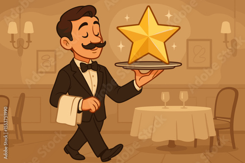 Elegant waiter in tuxedo carrying golden star on tray, symbolizing premium quality service, five-star hospitality, luxury restaurant excellence, customer satisfaction, cartoon vector illustration