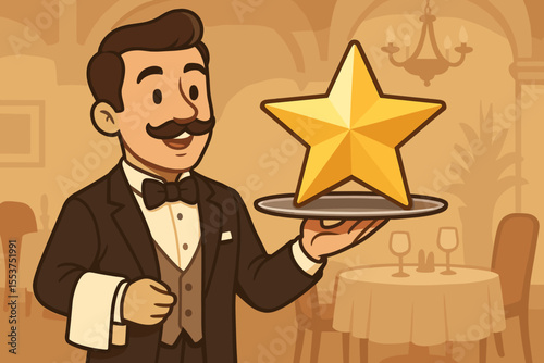 Elegant waiter in tuxedo serving golden star on tray, symbolizing premium quality service, luxury dining experience, five star restaurant excellence, hospitality award concept, vector illustration