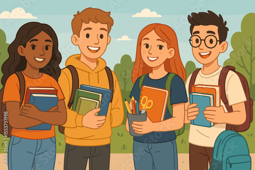 Diverse teenage students outdoors with backpacks, holding books, notebooks, and school supplies. Group of high school friends preparing for back to school. Education, teamwork, learning concept vector