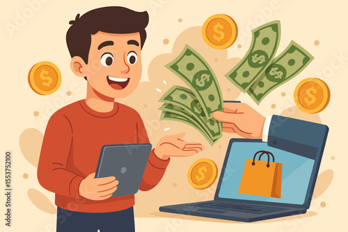 Online Shopping Cashback Rewards Concept. Young Man with Tablet Receiving Money from Laptop. E-Commerce Purchase Benefits, Digital Payment, Internet Retail, Financial Incentives Vector Illustration