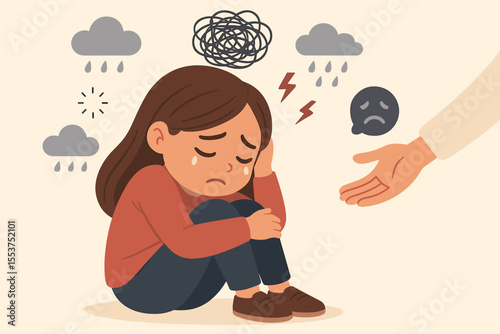 Sad girl suffering emotional distress, anxiety, depression, mental health crisis. Child seeking help, support, comfort. Cartoon illustration of psychological problems, therapy, empathy, sadness
