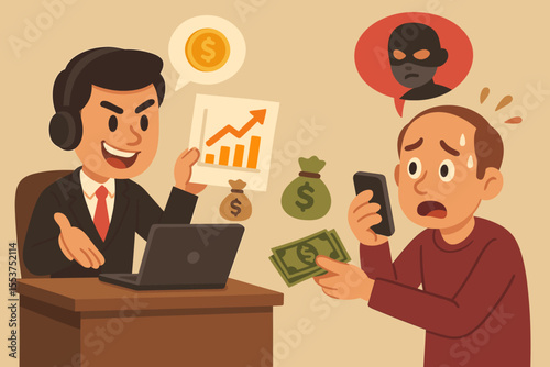 Phone scammer deception concept. Financial fraud with con artist tricking victim. Worried man losing money to online phishing, fake investment scam. Cybercrime and security risk.