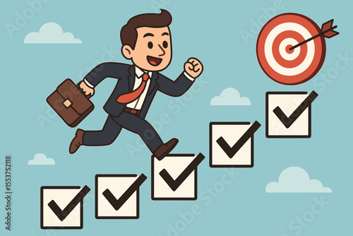 Businessman running up checkbox stairs to reach a target. Concept of career growth, success, achievement, and completing tasks. Business goal and ambition vector illustration.