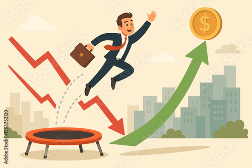 Financial recovery metaphor. Businessman jumping on trampoline, bouncing from market crash represented by red arrow to success and profit. Economic rebound, business growth concept.