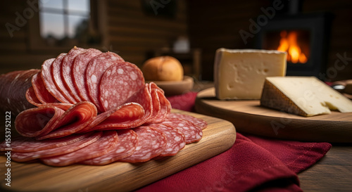 Rustic Charcuterie Board Featuring Salami Cheese and Bread Beside the Fireplace