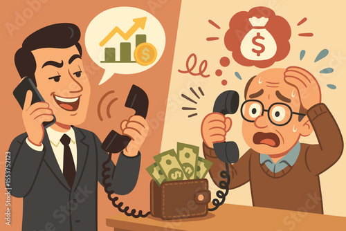 Phone scammer deception and fraud with a smiling man lying to an old worried person about money, investment, and financial loss, crime