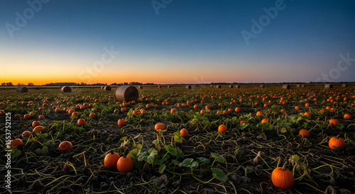 Pumpkin Paradise At Dusk, Rural Autumnal Harvest Background With Rolling Hay Bales