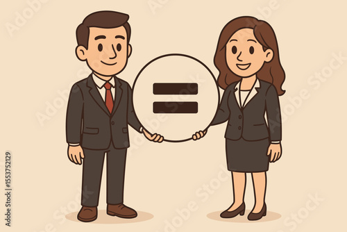 Gender equality in the workplace concept. Businessman and businesswoman holding an equals sign. Equal opportunity and rights for men and women. Fair pay and partnership illustration.