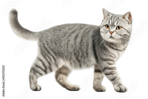 PNG Gray striped domestic cat walking with curious expression