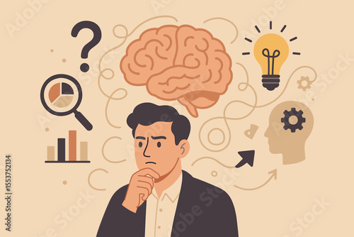 Businessman thinking and brainstorming a creative solution. Process of problem solving from question to idea lightbulb. Data analysis, business strategy, innovation and insight concept.