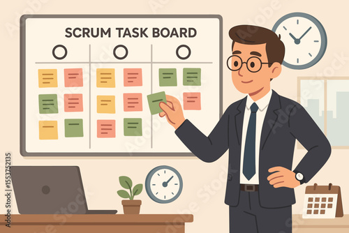 Agile project management with a businessman planning on a scrum task board. Office employee organizing a workflow using the Kanban method and a development sprint with sticky notes for tasks.