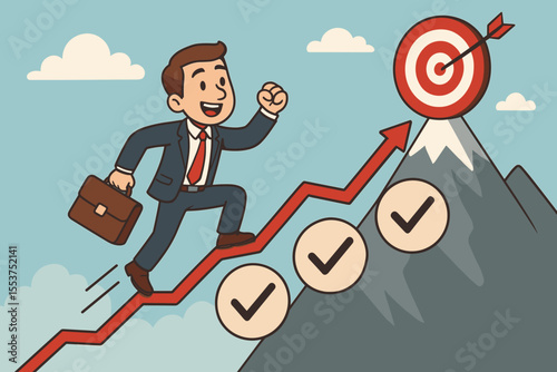 Businessman on journey to success, running up arrow graph. Concept of career path, reaching goals, and achievement. Milestones with checkmarks on the way to the target on a mountain.