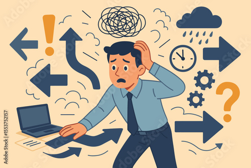 Work stress and burnout concept illustration. Confused businessman under pressure from deadline and information overload. Anxious man with tangled thoughts facing career choice dilemma.