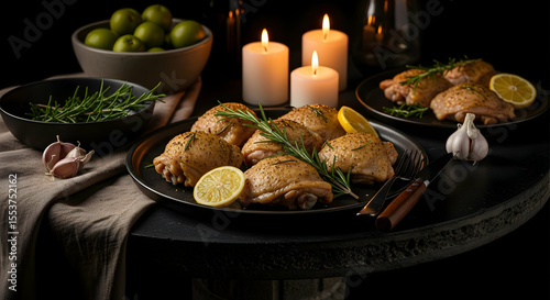 Roasted Chicken Thighs With Rosemary And Lemon Elegant Dark Moody Still Life