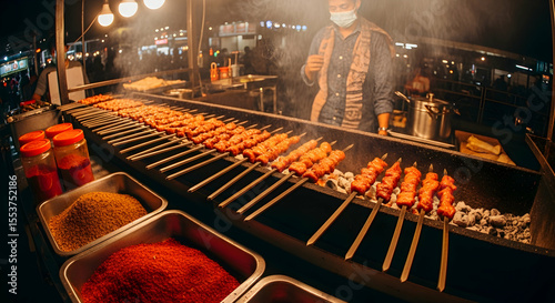 Delicious Street Food: Grilled Meat Skewers With Spices and Vendor