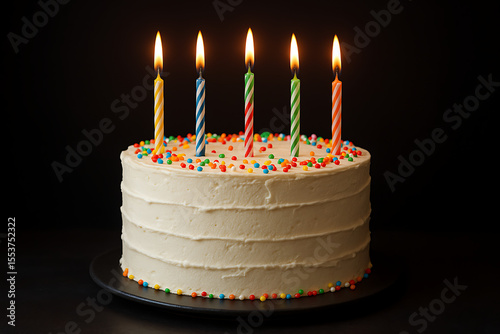 White frosted birthday cake with vibrant colorful sprinkles and five lit candles, glowing against a dark background, perfect for celebrations