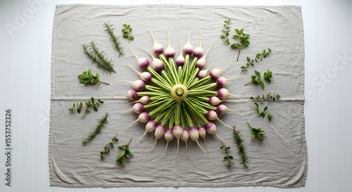 Artistic Display Of Fresh Turnips And Herbs Laid On A Linen Cloth
