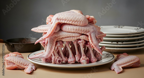Towering Stack Of Raw Chicken Wings Ready For Cooking Preparation
