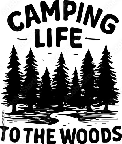 Simple black-and-white fire and tent emblem celebrating the timeless joys of camping