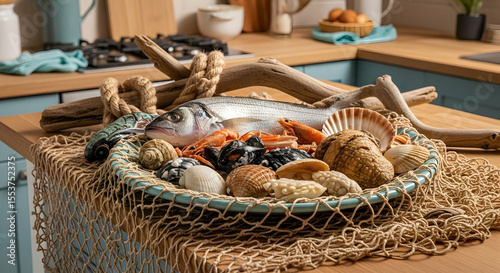 Fresh Catch Display With Seafood, Driftwood And Nautical Elements Still Life