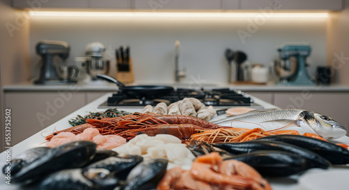 Assortment Of Fresh Seafood Displayed On Modern Kitchen Countertop For Culinary Preparation