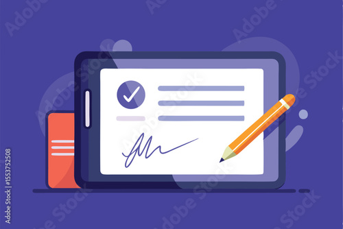 Electronic signature tablet displaying a completed digital document with signature and checkmark on a purple background