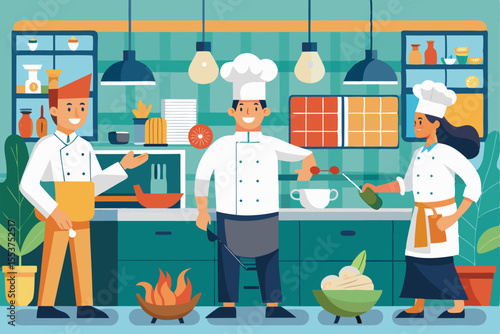 Chefs preparing meals in a vibrant kitchen setting with various culinary activities and colorful ingredients