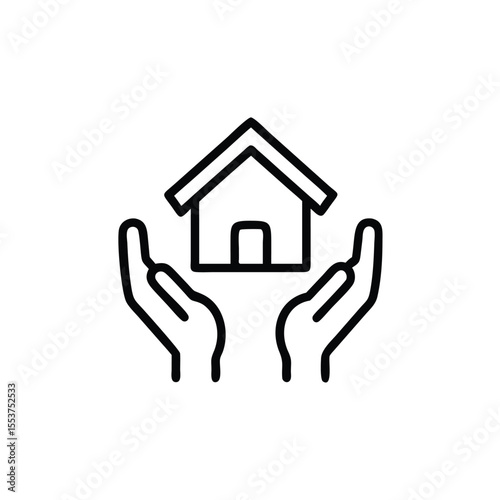 Outline house icon held in cupped hands on background representing Charity and home care