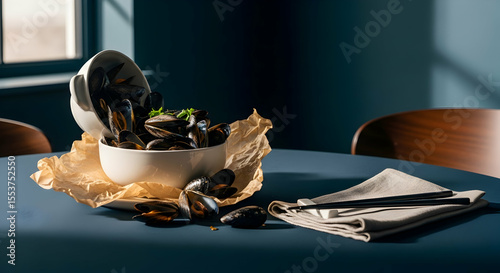 Elegant Mussels Displayed in White Bowl With Chopsticks on Modern Table