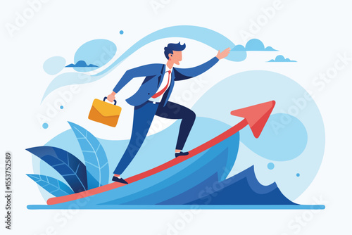 Businessman surfing on a wave graph while navigating growth opportunities in a dynamic market environment
