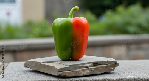 Split Bell Pepper Displayed On A Stone Slab In Outdoor Setting