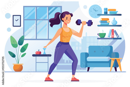 Young woman lifts dumbbell while exercising at home in modern living room