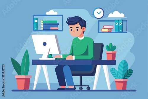 Young man working from home at a desk with a computer, surrounded by plants and bookshelves in a cozy, blue-themed workspace during daytime