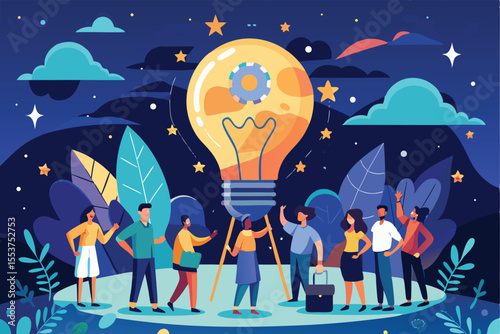 Gathering of diverse individuals collaborating on creative ideas under a bright symbolic light bulb in a vibrant outdoor setting at night