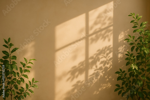 Sunlit studio wall with window and plant shadows, creating a tranquil minimalist background ideal for product display and serene concepts