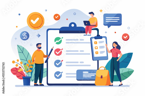 Online survey concept featuring customer survey form completion with illustrated elements representing feedback and analysis