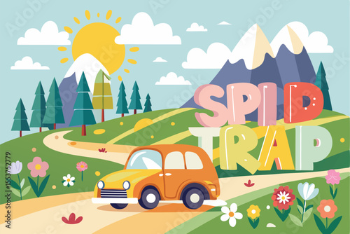 Spring road trip in a colorful landscape featuring a cute car on a winding path surrounded by hills and flowers with mountains in the background