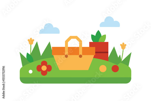Spring Picnic Basket in a Sunny Garden A Delightful Outdoor Scene