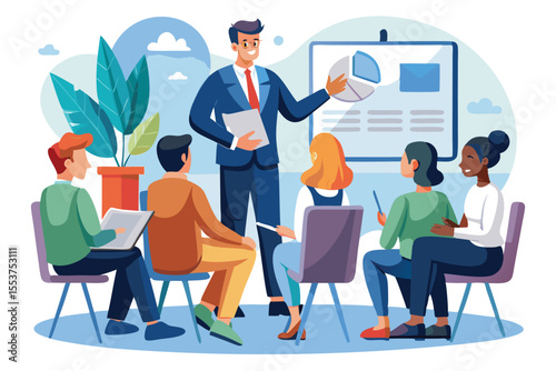Business presentation on educational strategies is taking place in a modern office setting with a group of engaged participants learning together