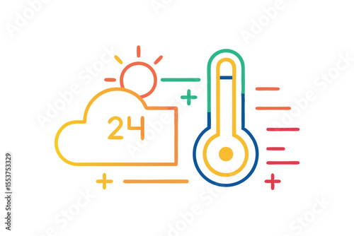 Smart weather monitor icon features a sun graphic and a temperature gauge illustrating current weather conditions and temperature