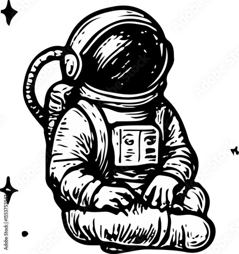 Black-and-white hand-drawn illustration of an astronaut sitting cross-legged in space, symbolizing cosmic peace, solitude, and futuristic exploration