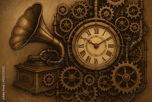 Detailed steampunk clockwork gears and a classic gramophone, representing a fascinating blend of historical and imaginative technology
