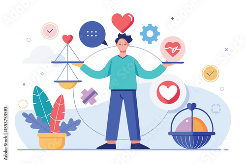Explore balance in life with a flat design illustration depicting a person managing various elements of well-being and technology during a modern presentation