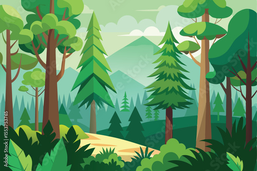 Vibrant green tree forest foliage with coniferous plants and majestic mountains in the background during a sunny day