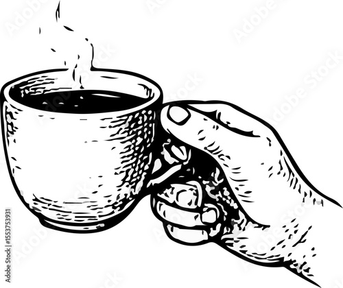 Detailed hand-drawn illustration of a hand gripping a coffee cup, captured in clean black-and-white line work
