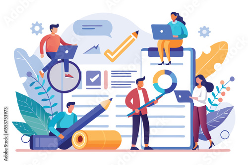 Tiny people project managers collaborate on vision and task management with laptops and tools in a vibrant office setting during daylight hours
